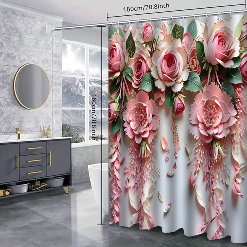 4-Piece 3D Pink Floral Bathroom Set Shower Curtain Toilet Seat Cover & Absorbent Mats Kenya