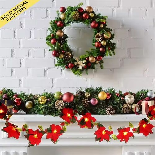 LED Christmas Red Flower & Red Berry String Lights, Artificial Garland Fairy Lights, Holiday Decor Lamp for Christmas Wreath, Home, Door, Tree Decoration