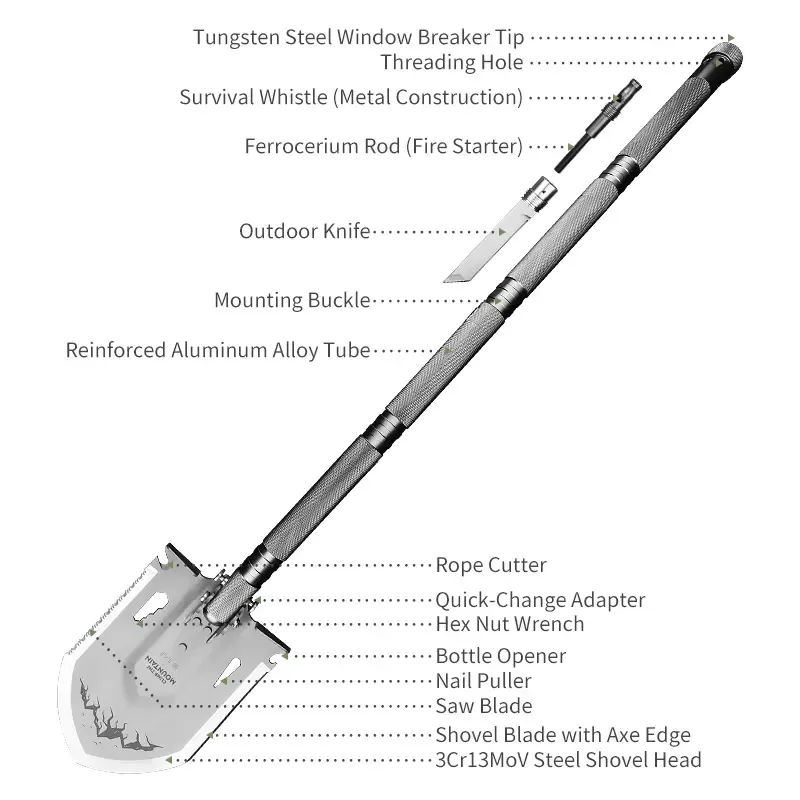 WESVE MT-20 Aluminum 14-in-1 Folding Shovel Multi-Tool Kit – Outdoor Camping, Car Tool with Adjustable Head, Knife, Fire Starter, Whistle, Glass Breaker, Bottle Opener, Nylon Pouch