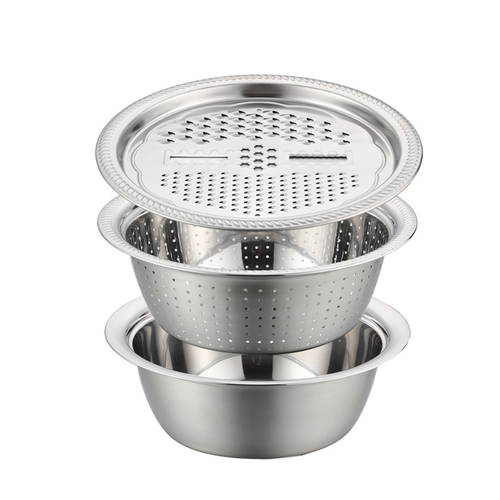 3-in-1 Stainless Steel Kitchen Bowl Set – Solid Bowl + Strainer + Grater Lid | Multi-Function Vegetable Slicer &   Washer | Durable & Easy to Clean