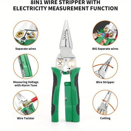 Heavy Duty 8 in 1 Multifunctional Wire Stripper  Manganese Steel Construction  Combines Stripping Cutting, and Twisting Functions  Built in Voltage Tester with Live Neutral Wire Identification   An Essential Tool for Electrical Repair