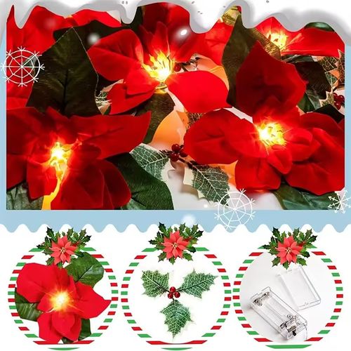LED Christmas Red Flower & Red Berry String Lights, Artificial Garland Fairy Lights, Holiday Decor Lamp for Christmas Wreath, Home, Door, Tree Decoration