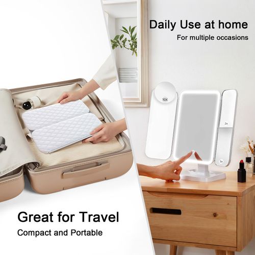 Tri Color Dimmable LED Touch Control Portable Makeup Mirror — USB Rechargeable, Foldable Desktop Vanity Mirror, Built-in 2000mAh Lithium Battery, Polished ABS with Glass Finish — Ideal for Home and Travel