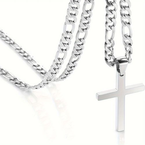 Silver Figaro Chain Cross Pendant Necklace