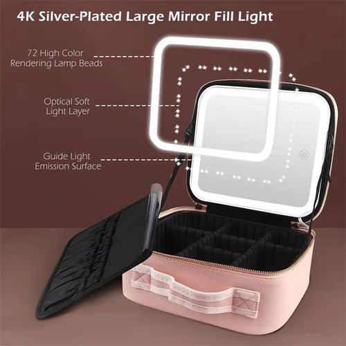 Newest 2026 Model Portable Large-Capacity Travel Makeup Organizer with LED Mirror – Waterproof Cosmetic Case with Large Lighted Mirror – Professional-Grade Storage Bag for Cosmetics and Brushes