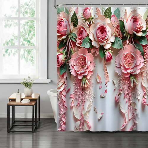 4-Piece 3D Pink Floral Bathroom Set Shower Curtain Toilet Seat Cover & Absorbent Mats Kenya