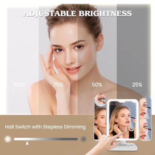 Tri Color Dimmable LED Touch Control Portable Makeup Mirror — USB Rechargeable, Foldable Desktop Vanity Mirror, Built-in 2000mAh Lithium Battery, Polished ABS with Glass Finish — Ideal for Home and Travel