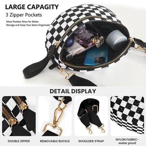 Black and White Checkered Nylon Bum Bag Plus Size Friendly Fanny Pack - Spacious Design for Essentials - MORE COLORS! great gift belt bags crossbody