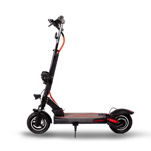 Foldable electric scooter for adults featuring dual suspension, a seat, and a carrying handle.
