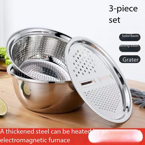 3-in-1 Stainless Steel Kitchen Bowl Set – Solid Bowl + Strainer + Grater Lid | Multi-Function Vegetable Slicer &   Washer | Durable & Easy to Clean