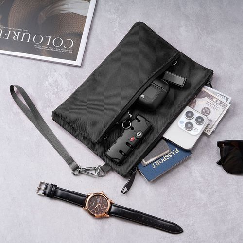Unisex Extra Long Double Layer Document Organizer Featuring a spliced ​​design of Oxford cloth and crocodile patterned leather  equipped with a zippered closure and an anti theft lock clasp ideal for storing valuables  cash and passports.