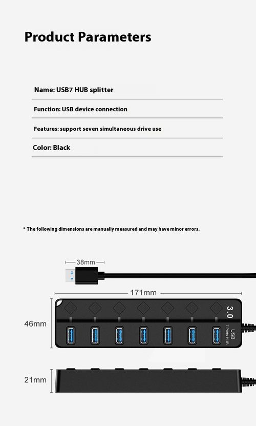 7-Port USB 3.0 Hub with Individual Switches - High Speed Data Transfer Splitter for Laptop & PC - Black
