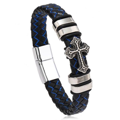 Men's Cross Braided Leather Bracelet Magnetic Clasp Faith Jewelry 21cm Alloy Charm for Kenya