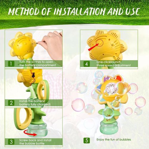 Seven Colors Sunflower Design Bubble Machine Colorful Light Automatic Bubble Maker for Kids Outdoor Toys with Night Light Function and Large Bubble Output Round Multifunctional Blower