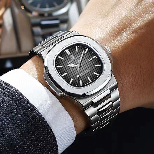 Men Business Quartz Wrist Watch, Large Dial Green Textured Dial Steel Band Wristwatch, Luminous Hands Date Display Waterproof Luxury‑Feel Male Wrist Watch Cross‑border Hot Sale