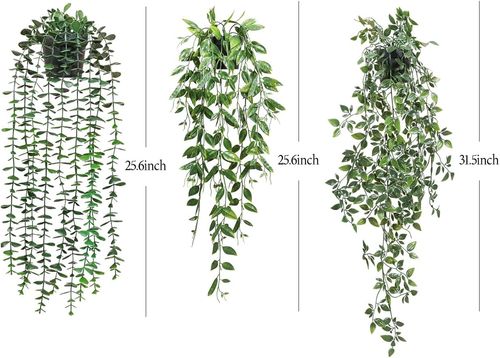 3 Pack Artificial Hanging Trailing Plants, Eucalyptus, Pea Pod & Mandala Vine