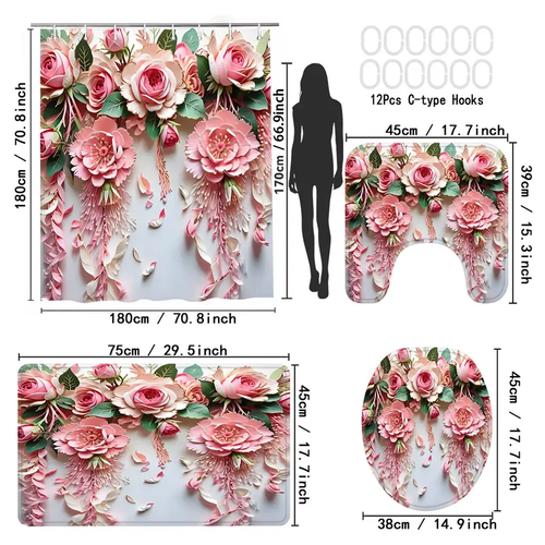 4-Piece 3D Pink Floral Bathroom Set Shower Curtain Toilet Seat Cover & Absorbent Mats Kenya