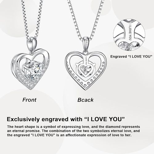 Moissanite Necklace for Women, Heart Pendant Engraved 'I Love You' Gifts for Wife, Valentine's Day Gift Anniversary Eternity Birthday Present Sterling Silver Jewelry for Her