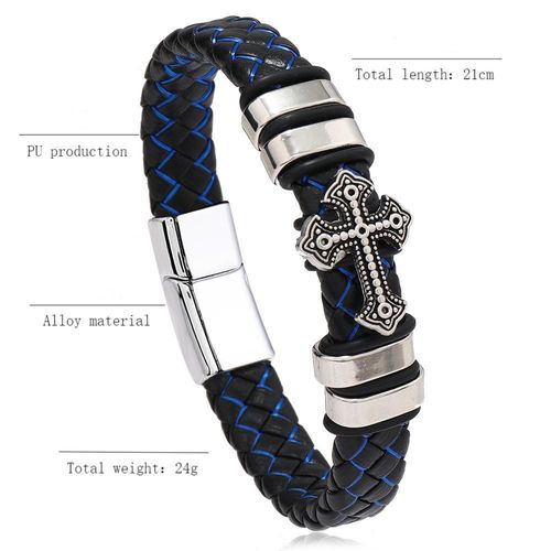 Men's Cross Braided Leather Bracelet Magnetic Clasp Faith Jewelry 21cm Alloy Charm for Kenya