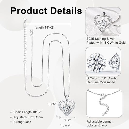 Moissanite Necklace for Women, Heart Pendant Engraved 'I Love You' Gifts for Wife, Valentine's Day Gift Anniversary Eternity Birthday Present Sterling Silver Jewelry for Her