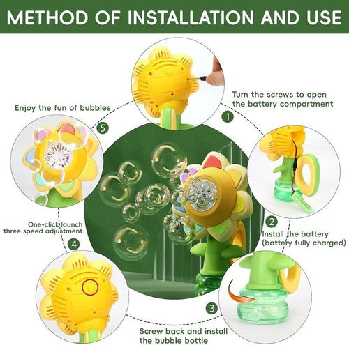 Seven Colors Sunflower Design Bubble Machine Colorful Light Automatic Bubble Maker for Kids Outdoor Toys with Night Light Function and Large Bubble Output Round Multifunctional Blower