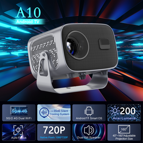 New A10 Video Projector  Features 1080P resolution 300 ANSI lumens Android 11 OS WiFi connectivity and electronic focus  equipped with 2GB RAM 16GB storage and an LCD display supporting Full HD 4K  suitable for home theater and outdoor use.