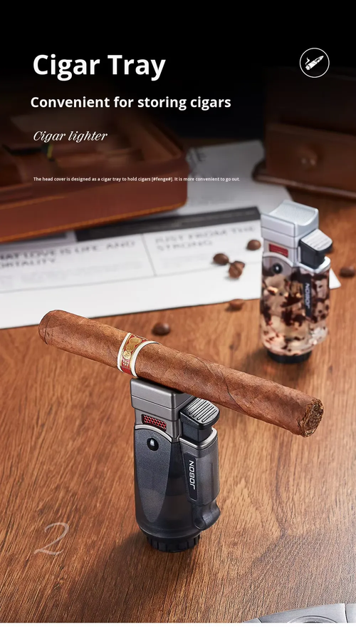 Multifunctional metal cigar lighter with blue flame, four-direction direct spray, windproof design, transparent chamber, gift box.