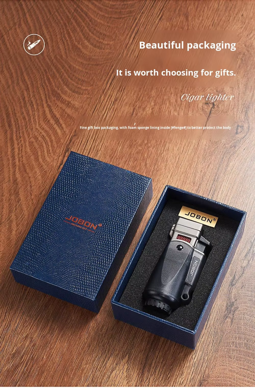 Multifunctional metal cigar lighter with blue flame, four-direction direct spray, windproof design, transparent chamber, gift box.