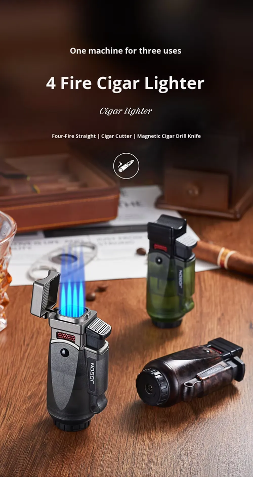 Multifunctional metal cigar lighter with blue flame, four-direction direct spray, windproof design, transparent chamber, gift box.