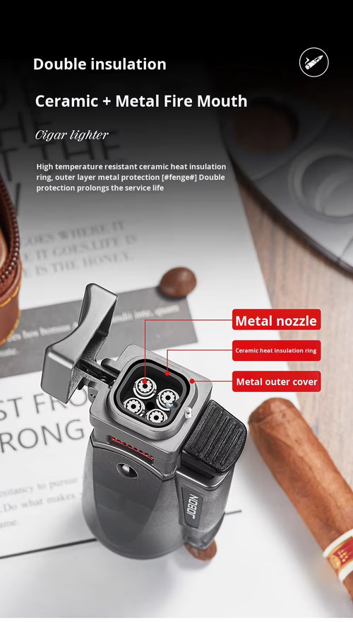 Multifunctional metal cigar lighter with blue flame, four-direction direct spray, windproof design, transparent chamber, gift box.