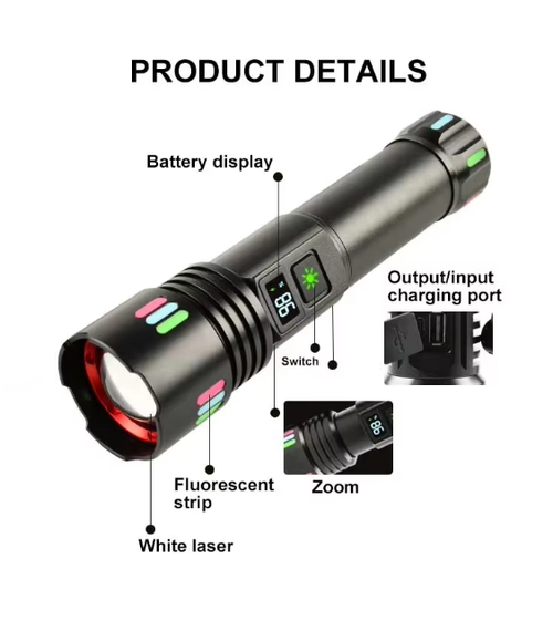 W-509 Super-bright zoom flashlight with powerful zoom function, tactical white laser, rechargeable, LED flashlight, with power indicator