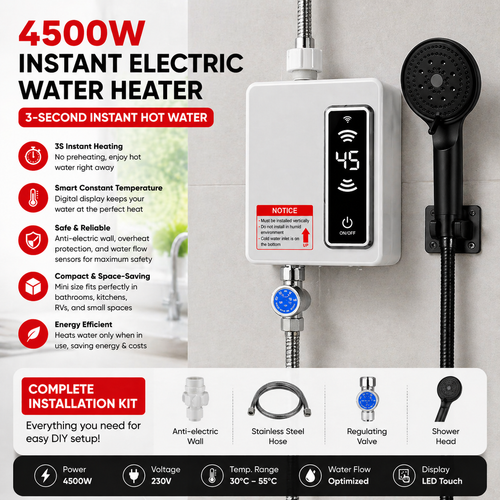 4500W Instant Water Heater, 3 Seconds Hot Water, Portable Electric Shower Heater for Home Bathroom Kitchen, Tankless Hot Water System with LCD Display