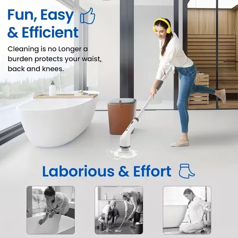 Electric Spin Scrubber Upgraded Cordless Shower Spin Scrubber Kit with 8 Replaceable Brush Heads 3 Adjustable Extension Handle Dual-Speed IPX7 Waterproof LED for Bathroom Kitchen Toilet Window Pool Car