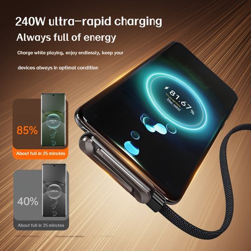 240W Ultra-Fast Charging USB-C Cable with Foldable Phone Stand – Braided Heavy-Duty Charger Cord for Gaming & Video Watching