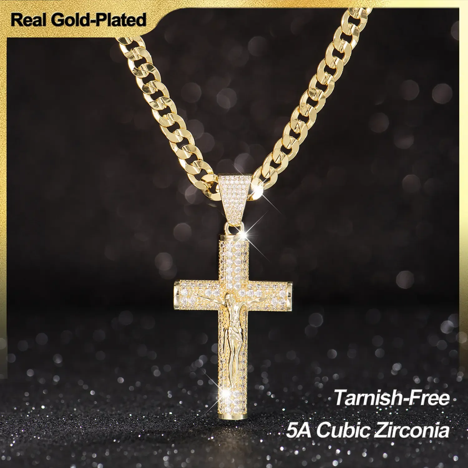Holylegend 14K Real Gold-Plated Christian Cross Necklace for Men - Advanced Nanotech Tarnish-Free Cuban Link, Figaro, Rope Miami Chains with Jesus Crucifix Pendant, 24in Daily Wear Jewelry Accessory Gift