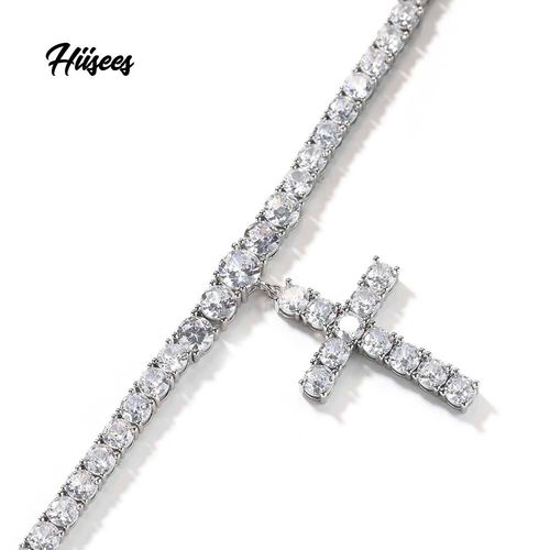 Sparkling Zircon Cross Pendant Necklace - Brass Tennis Chain Choker for WomenMen, 16Inch Luxury Crystal Jewelry Gift