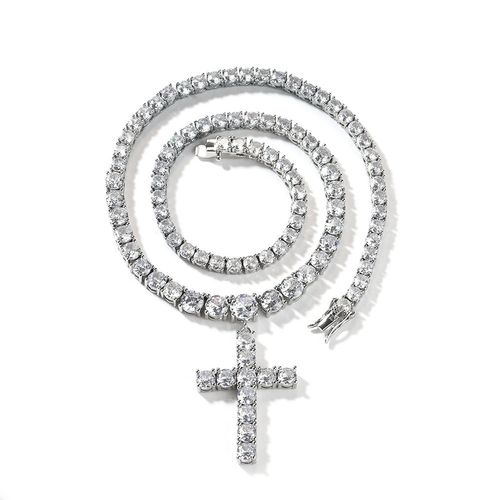 Sparkling Zircon Cross Pendant Necklace - Brass Tennis Chain Choker for WomenMen, 16Inch Luxury Crystal Jewelry Gift
