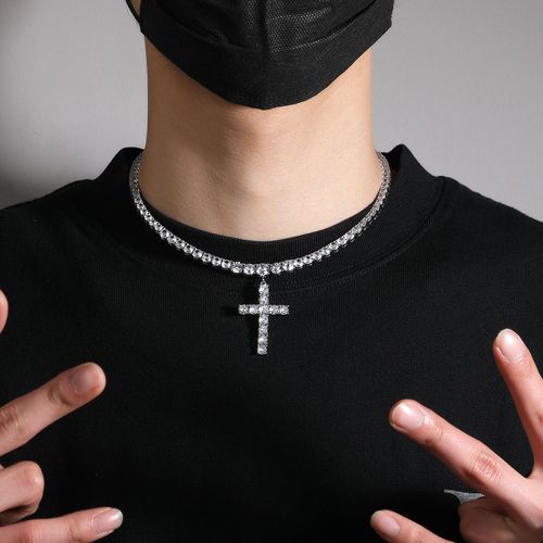 Sparkling Zircon Cross Pendant Necklace - Brass Tennis Chain Choker for WomenMen, 16Inch Luxury Crystal Jewelry Gift