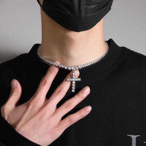 Sparkling Zircon Cross Pendant Necklace - Brass Tennis Chain Choker for WomenMen, 16Inch Luxury Crystal Jewelry Gift