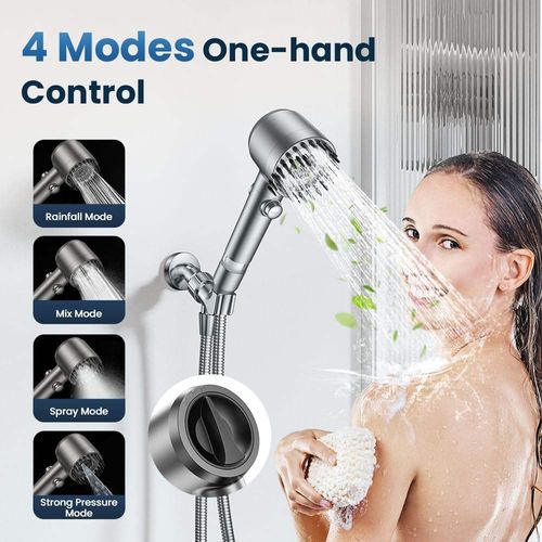 Handheld Filter Booster Shower Head, 4 Spray Modes, Hard Water Powerful Cleaning, Bathroom Shower Set