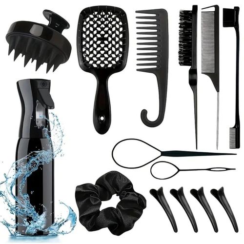 （14pcs 1set）plastic detangling comb set, including spray bottle, edge comb and taper comb.