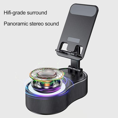 High-definition Bluetooth speaker, 5-in-1 multi-functional phone stand, emergency charging, colored lights, matte black appearance.