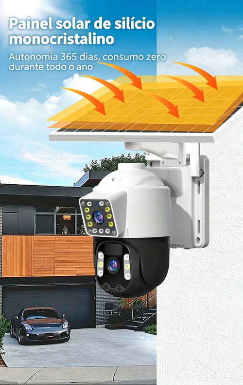 Câmera de Vigilância Solar WiFi Dupla Lente, Sem Fio Sem Energia, Visão Noturna Colorida 360°