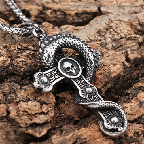 🐍Cruz de caveira com pingente de cobra enrolada em cruz🐍