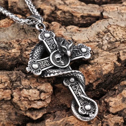 🐍Cruz de caveira com pingente de cobra enrolada em cruz🐍