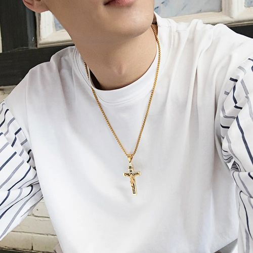 Colar de cruz de aço titânio retrô e moderno para homens do hip-hop