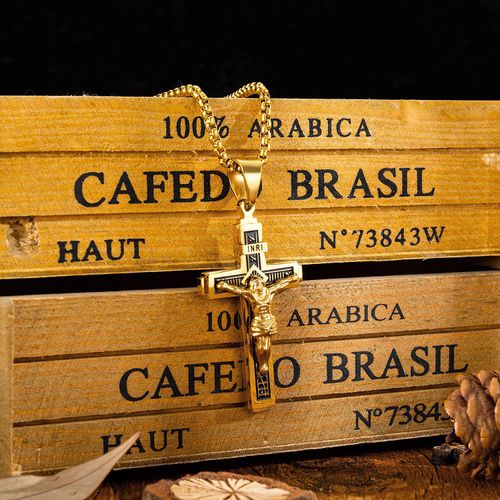 Colar de cruz de aço titânio retrô e moderno para homens do hip-hop