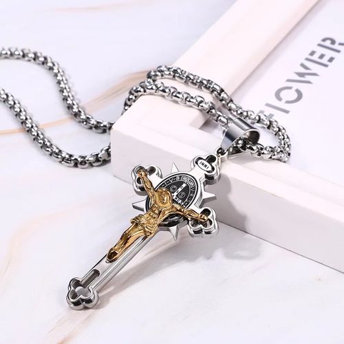 🔥Colar de cruz de aço titânio, pingente gótico em forma de cruz com cores mistas e corrente