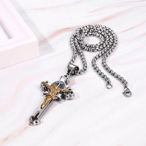 🔥Colar de cruz de aço titânio, pingente gótico em forma de cruz com cores mistas e corrente