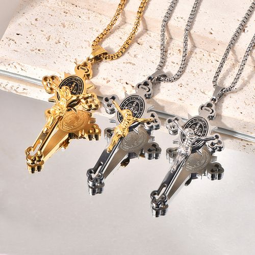 🔥Colar de cruz de aço titânio, pingente gótico em forma de cruz com cores mistas e corrente